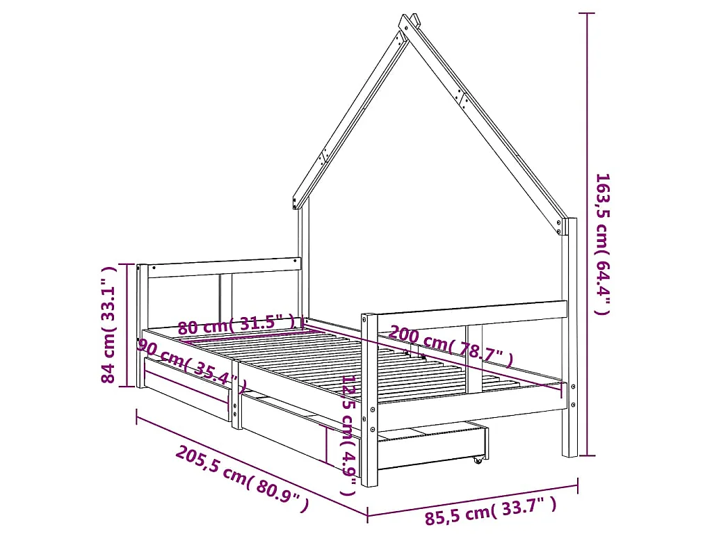 Cadre de lit pour enfants gris 80x200 cm bois de pin massif