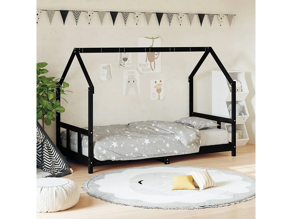Cadre de lit pour enfants noir 90x200 cm bois de pin massif