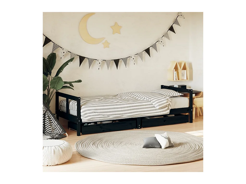 Cadre de lit enfant tiroirs noir 80x200 cm bois de pin massif