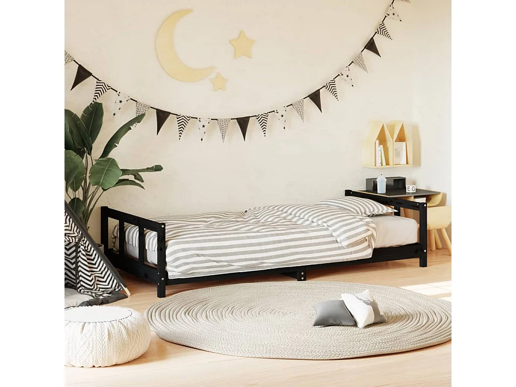 Cadre de lit pour enfants noir 90x200 cm bois de pin massif