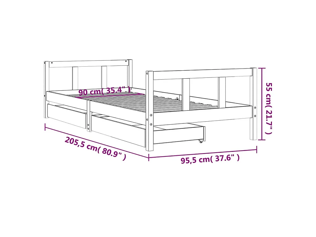 Cadre de lit enfant avec tiroirs noir 90x200 cm bois pin massif
