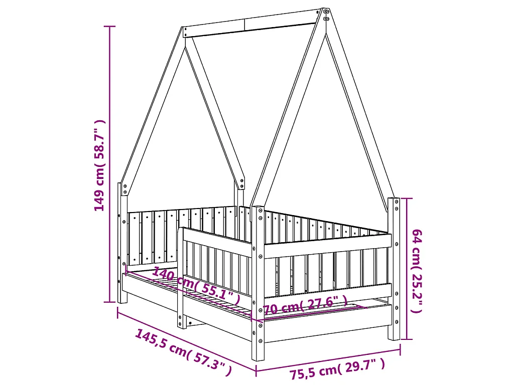 Estrutura de cama infantil 70x140 cm pinho maciço
