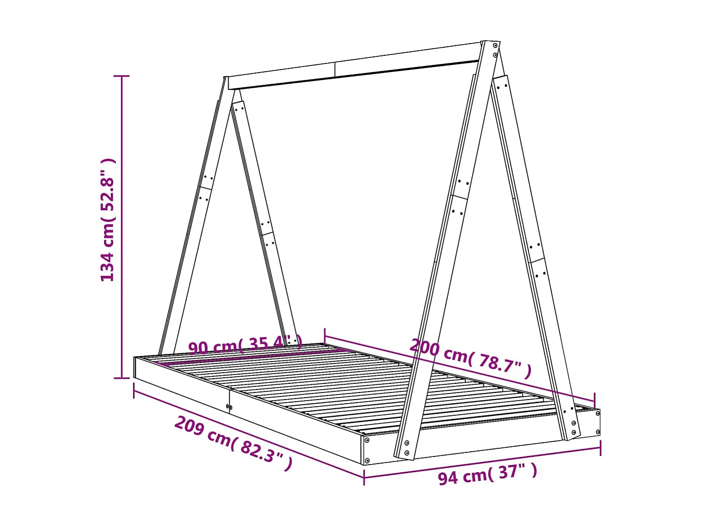 Cadre de lit pour enfants noir 90x200 cm bois de pin massif