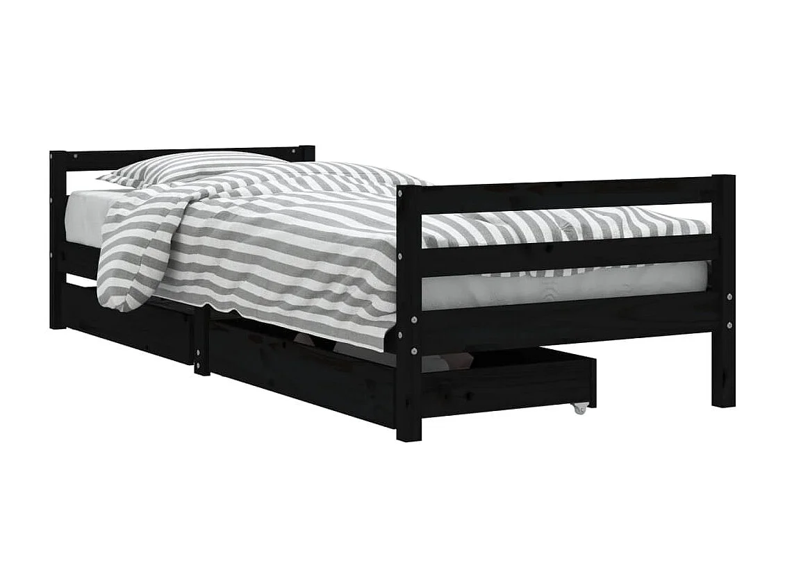 Cadre de lit enfant tiroirs noir 80x200 cm bois de pin massif