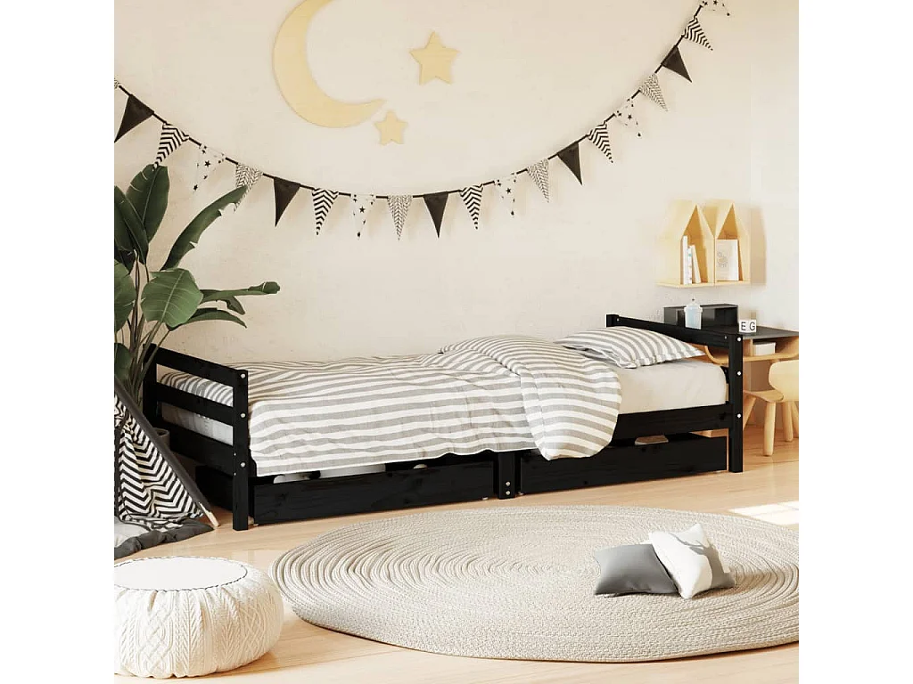 Cadre de lit enfant tiroirs noir 80x200 cm bois de pin massif