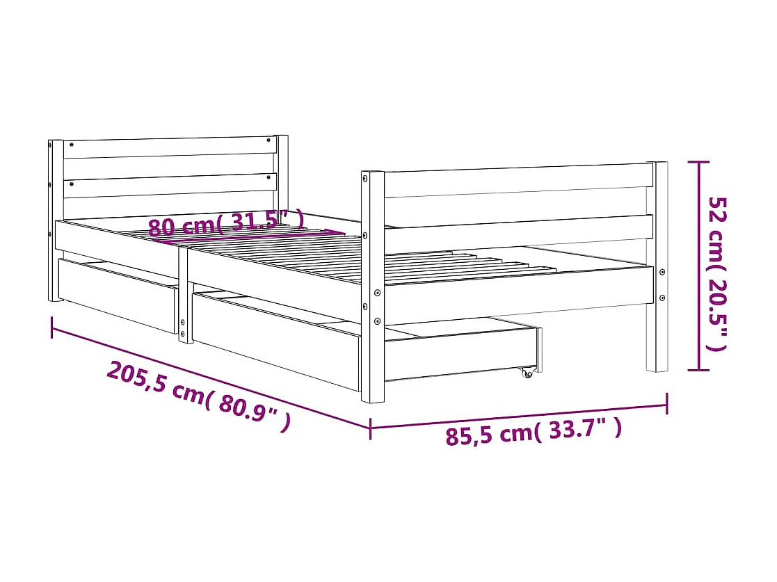 Cadre de lit enfant tiroirs noir 80x200 cm bois de pin massif