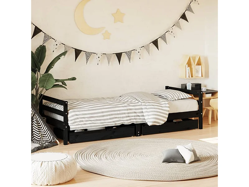 Cadre de lit enfant tiroirs noir 80x200 cm bois de pin massif
