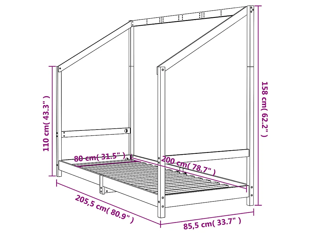 Giroletto per Bambini Bianco 80x200cm in Legno Massello di Pino