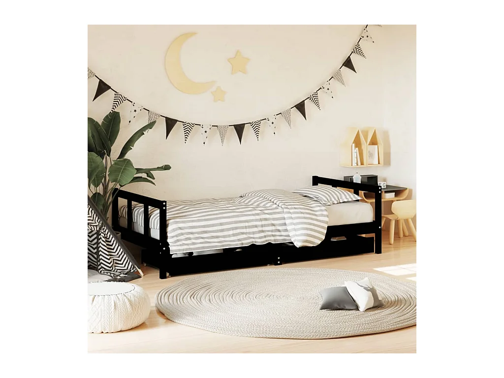 Cadre de lit d'enfants tiroirs noir 90x190cm bois de pin massif