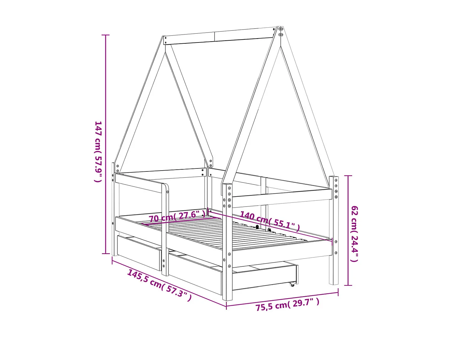 Estructura de cama para niños con cajones madera pino 70x140 cm