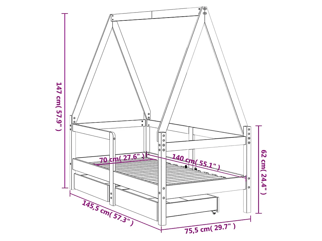 Giroletto Bambini con Cassetti 70x140 cm Legno Massello di Pino