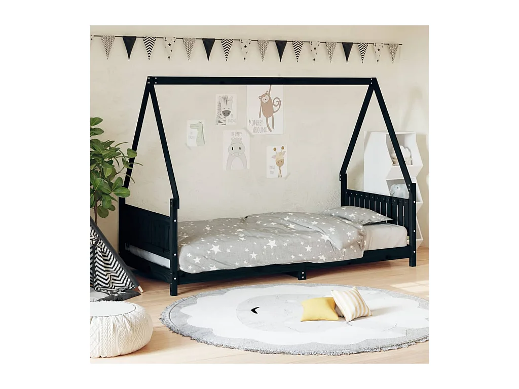 Cadre de lit pour enfants noir 90x190 cm bois de pin massif