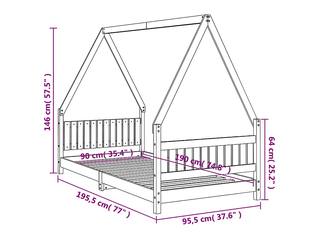 Cadre de lit pour enfants noir 90x190 cm bois de pin massif
