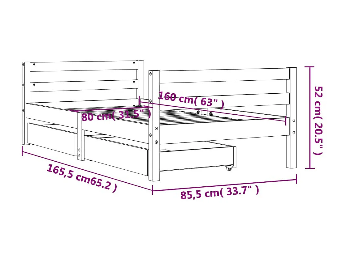 Cadre de lit pour enfant et tiroirs 80x160cm bois de pin massif