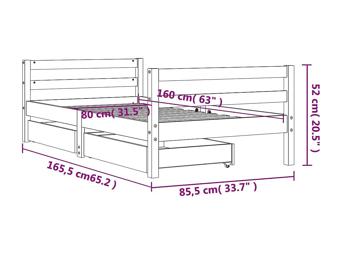 Cadre de lit pour enfant et tiroirs 80x160cm bois de pin massif