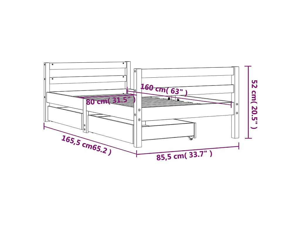 Cadre de lit pour enfant et tiroirs 80x160cm bois de pin massif