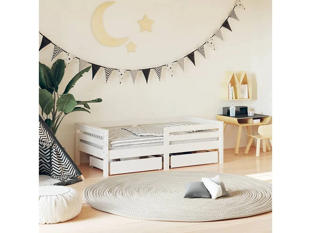 Cadre de lit enfant tiroirs blanc 70x140 cm bois de pin massif