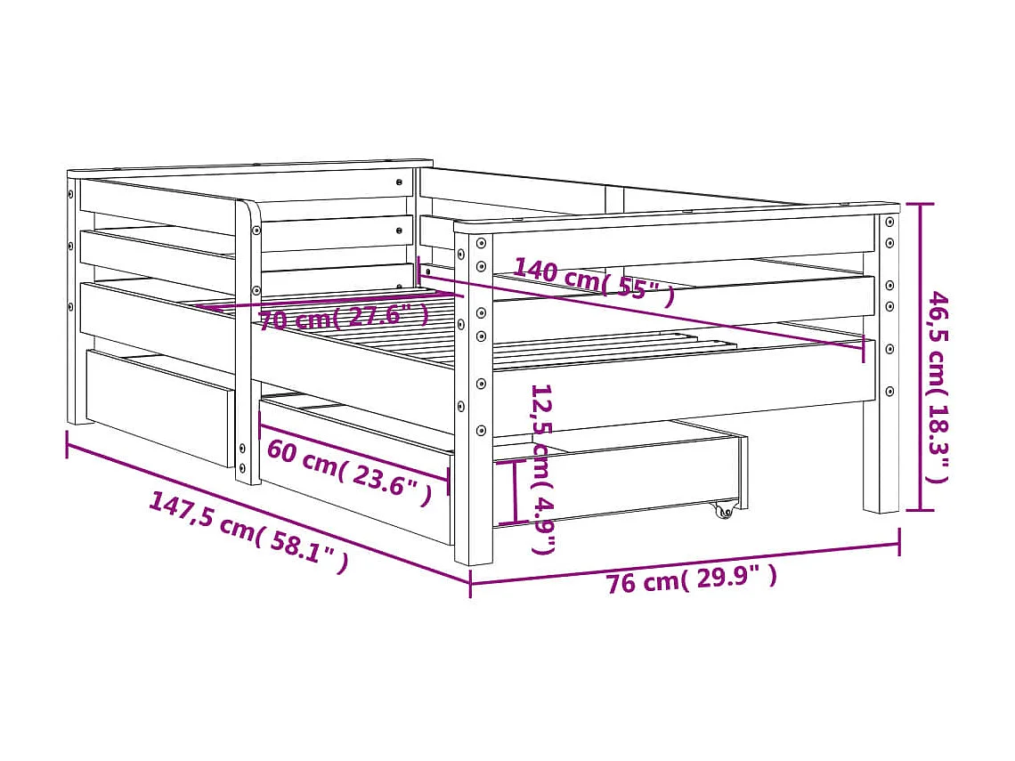 Cadre de lit enfant tiroirs blanc 70x140 cm bois de pin massif