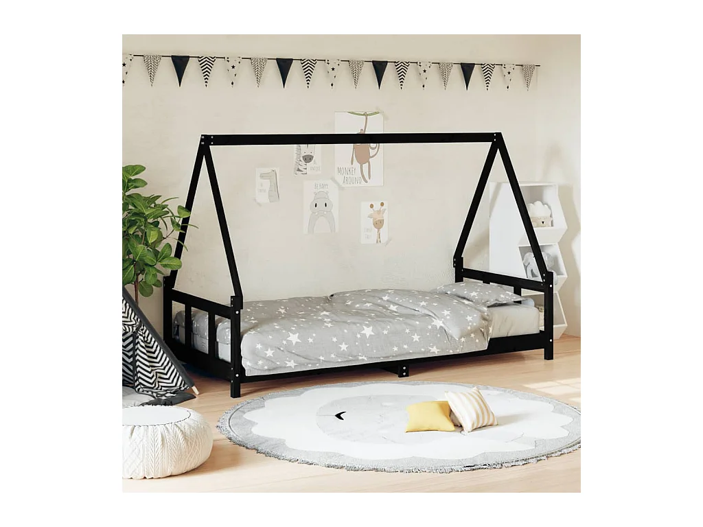 Cadre de lit pour enfants noir 90x200 cm bois de pin massif