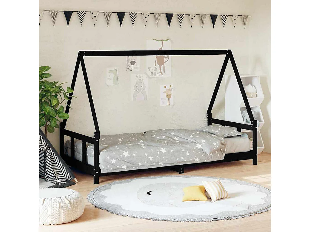 Cadre de lit pour enfants noir 90x200 cm bois de pin massif