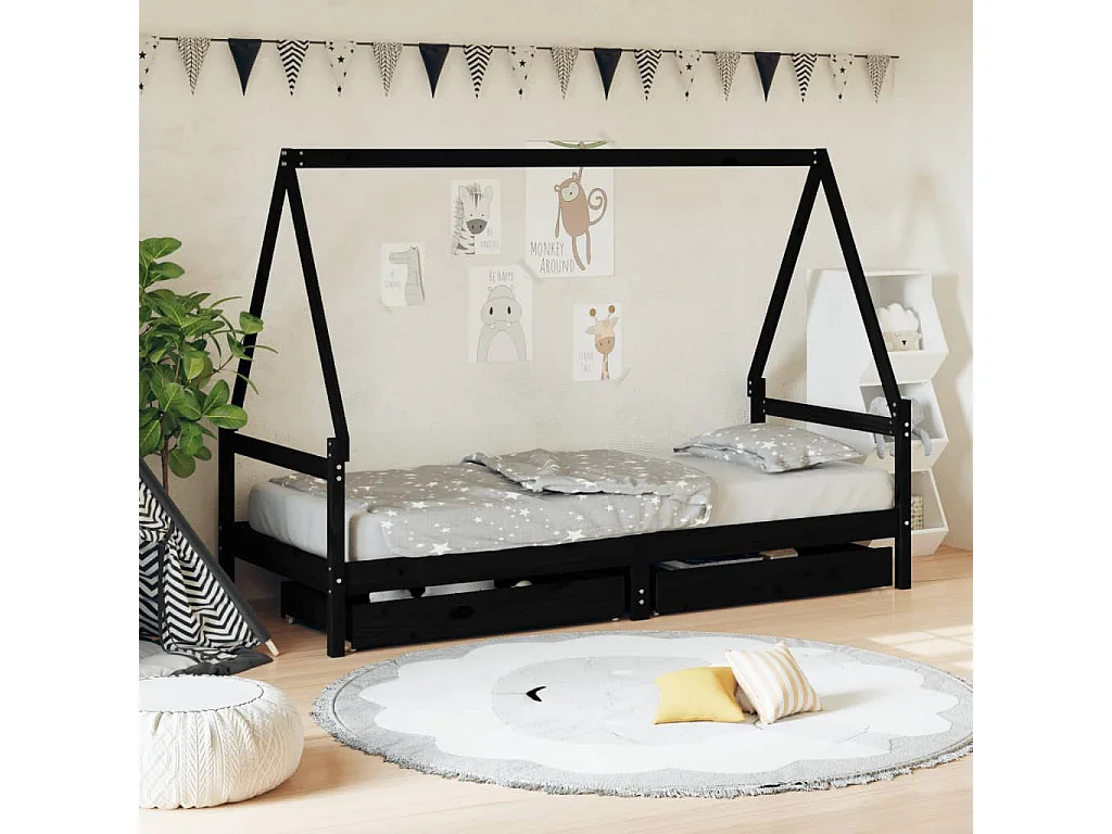 Estrutura cama infantil c/ gavetas 90x190 cm pinho maciço preto