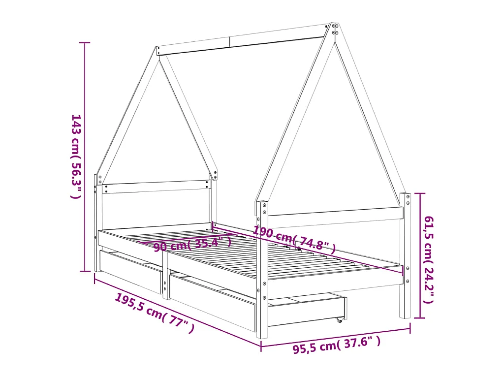 Kinderbett mit Schubladen Schwarz 90x190 cm Massivholz Kiefer