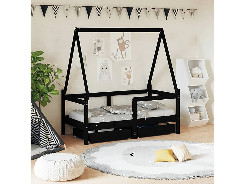 Kinderbedframe met lades 70x140 cm massief grenenhout zwart