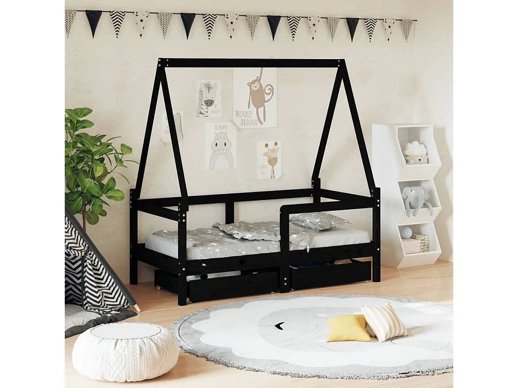 Estrutura cama infantil c/ gavetas 70x140 cm pinho maciço preto