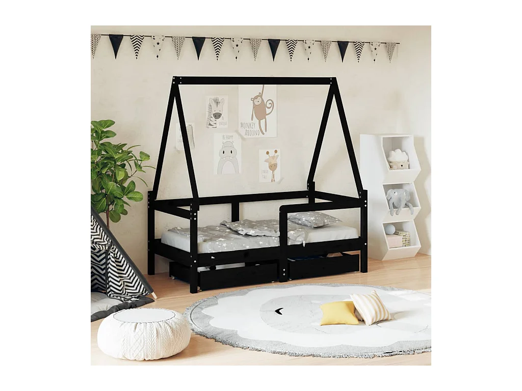 Cadre de lit enfant avec tiroirs noir 70x140 cm bois pin massif