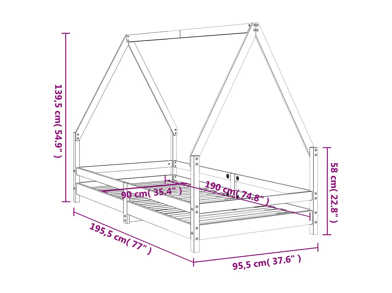 Cadre de lit pour enfants noir 90x190 cm bois de pin massif