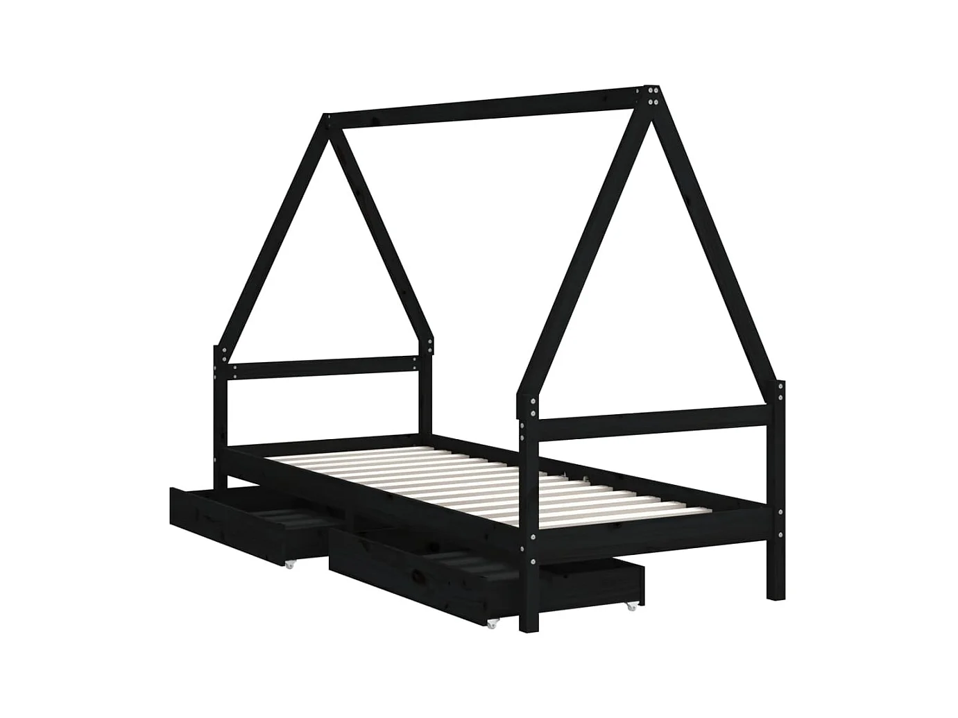 Cadre de lit enfant tiroirs noir 80x200 cm bois de pin massif