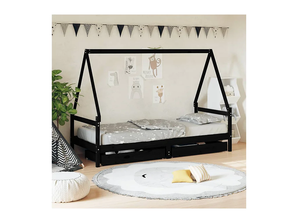 Cadre de lit enfant tiroirs noir 80x200 cm bois de pin massif