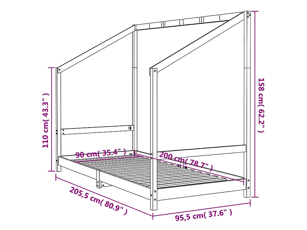 Cadre de lit pour enfants noir 90x200 cm bois de pin massif