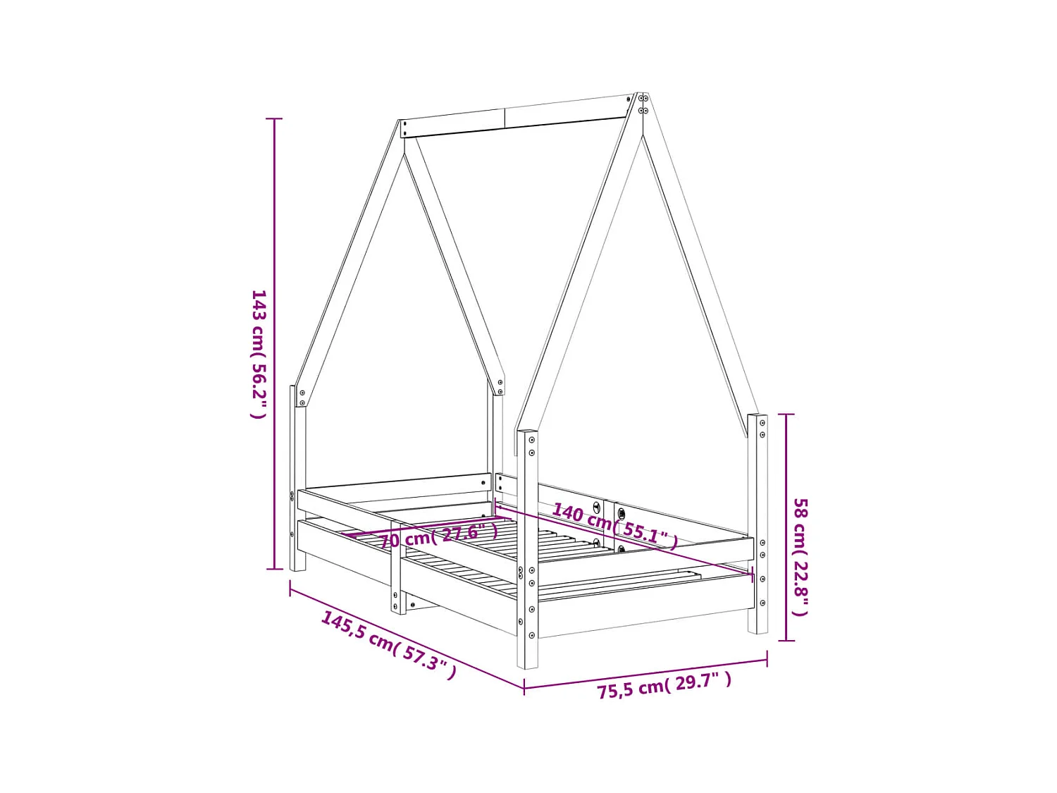 Cadre de lit pour enfant noir 70x140 cm bois de pin massif