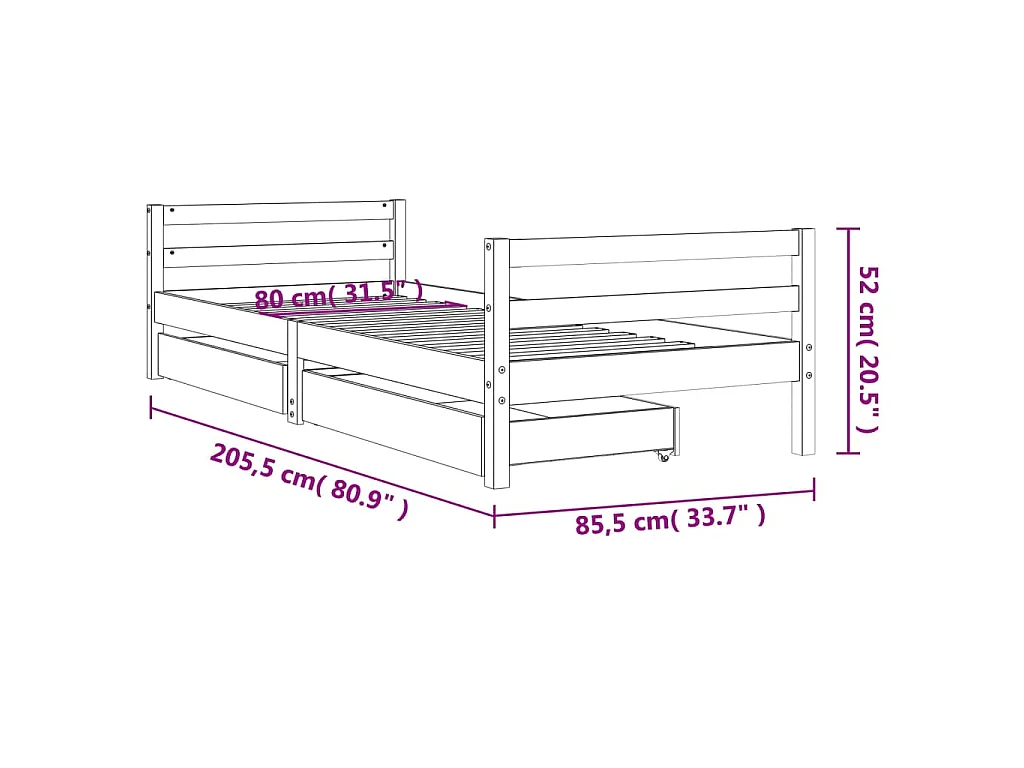 Cadre de lit enfant tiroirs blanc 80x200 cm bois de pin massif