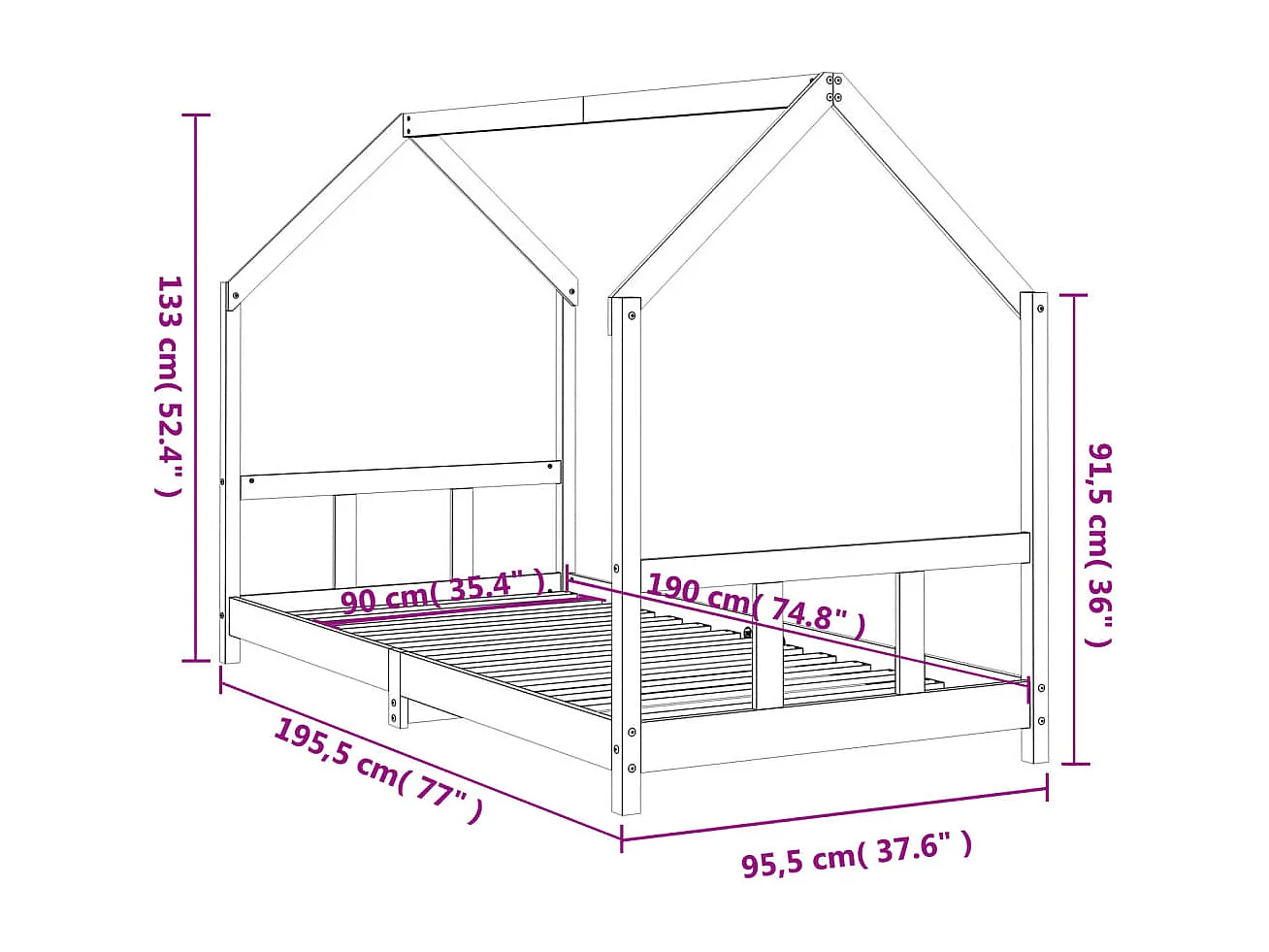 Cadre de lit pour enfants noir 90x190 cm bois de pin massif