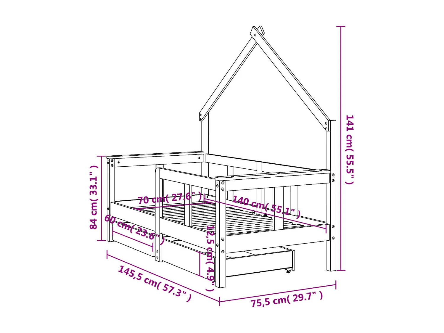 Estructura cama niños con cajones madera pino blanco 70x140 cm