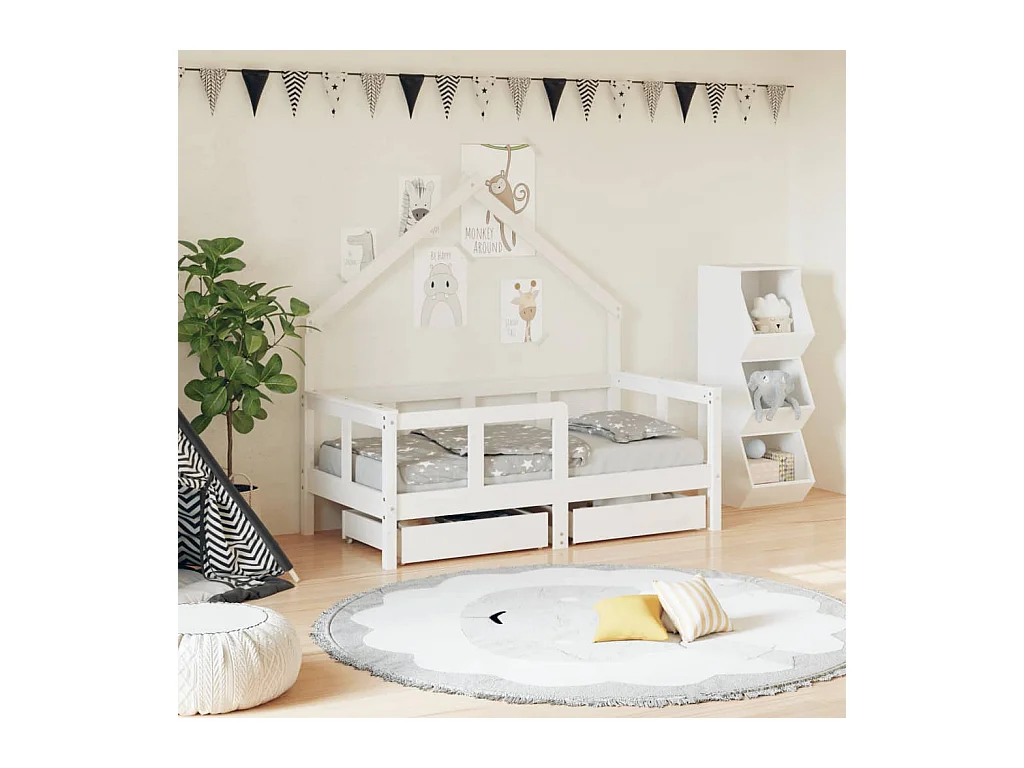 Cadre de lit enfant tiroirs blanc 70x140 cm bois de pin massif