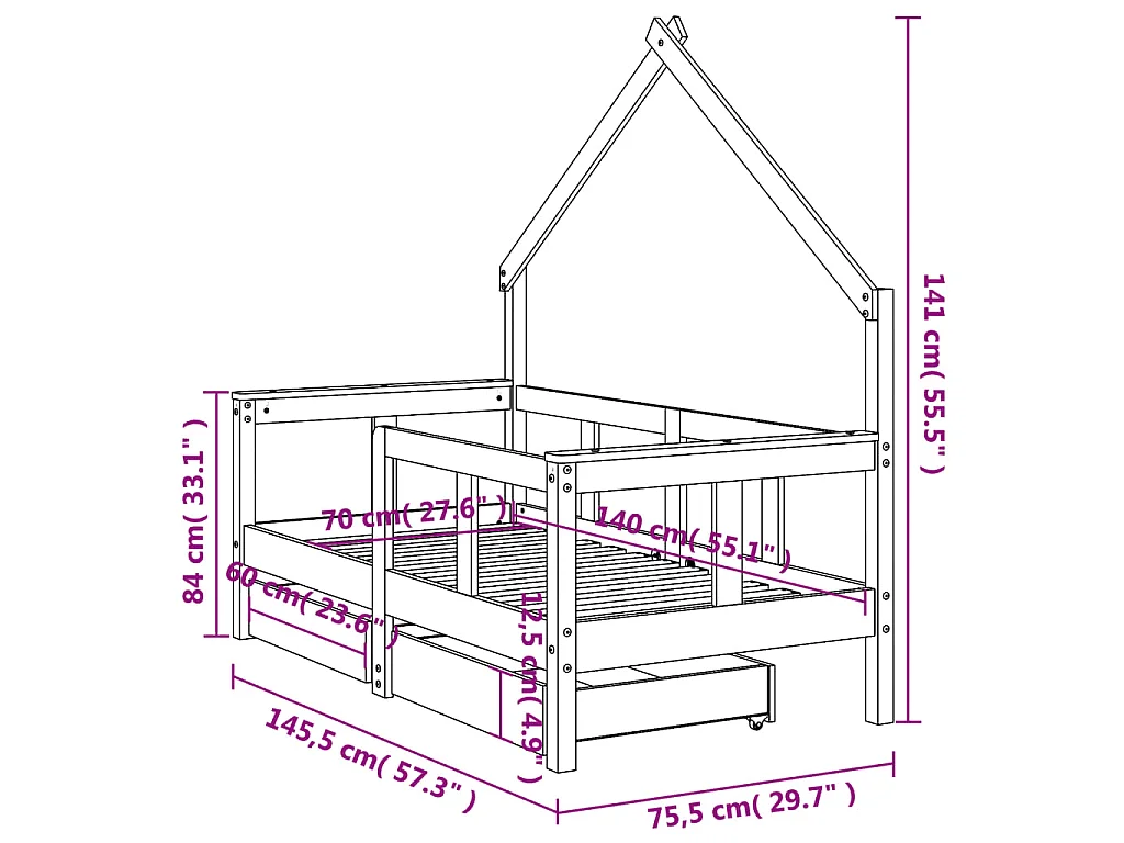 Estrutura cama infantil c/ gavetas 70x140cm pinho maciço branco