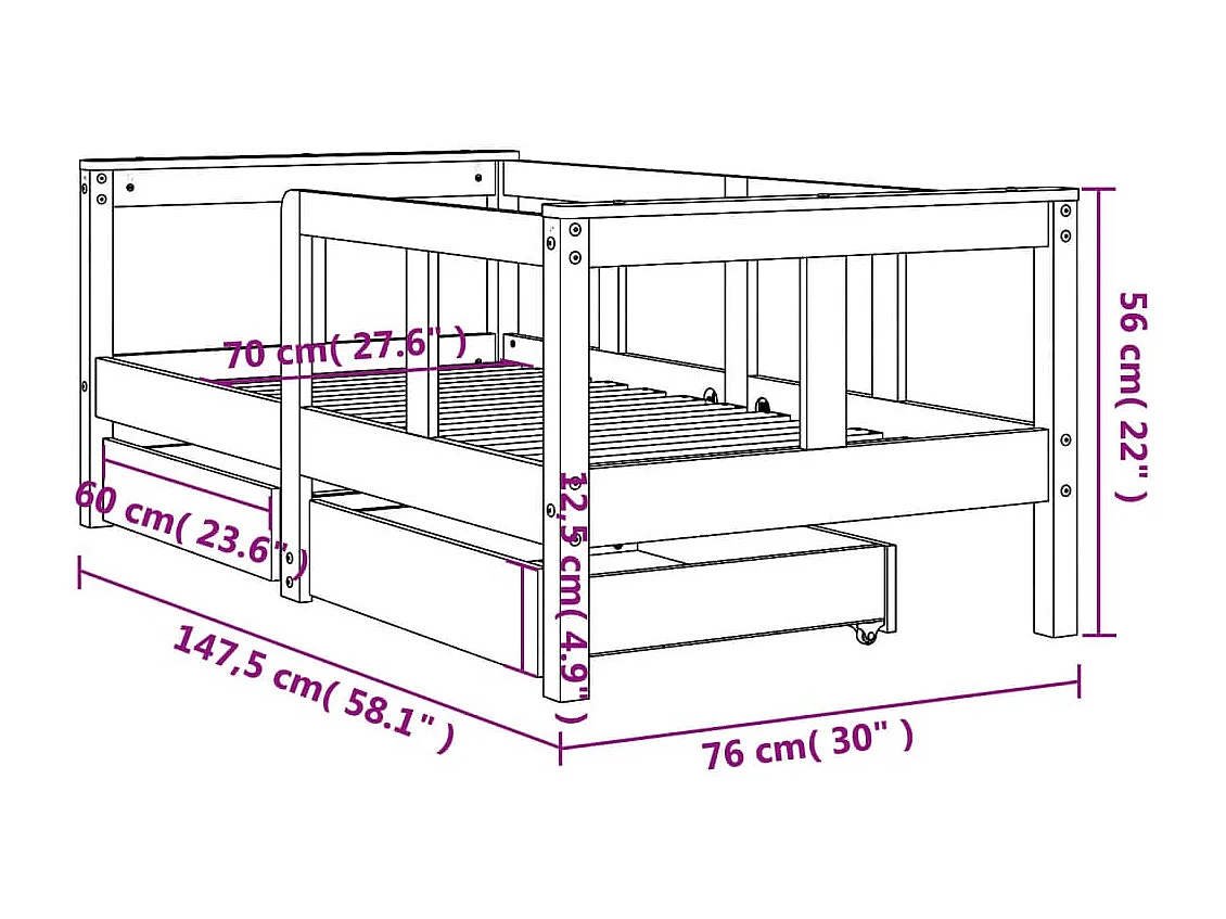 Estrutura cama infantil c/ gavetas 70x140cm pinho maciço branco