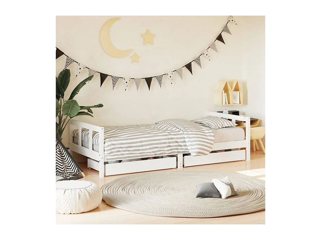 Cadre de lit enfant tiroirs blanc 90x200 cm bois de pin massif