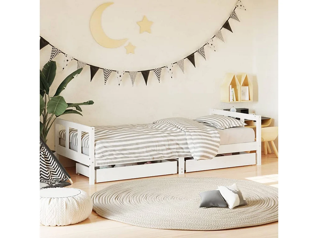 Cadre de lit enfant tiroirs blanc 90x200 cm bois de pin massif