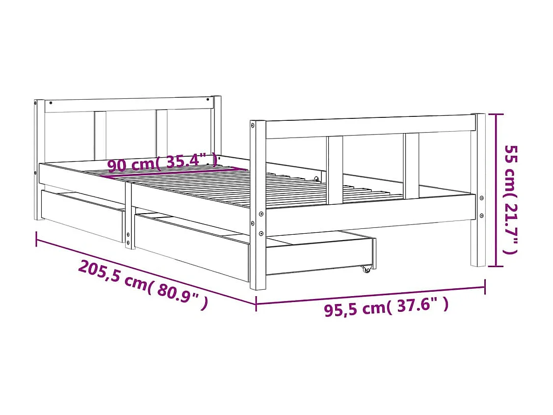 Cadre de lit enfant tiroirs blanc 90x200 cm bois de pin massif