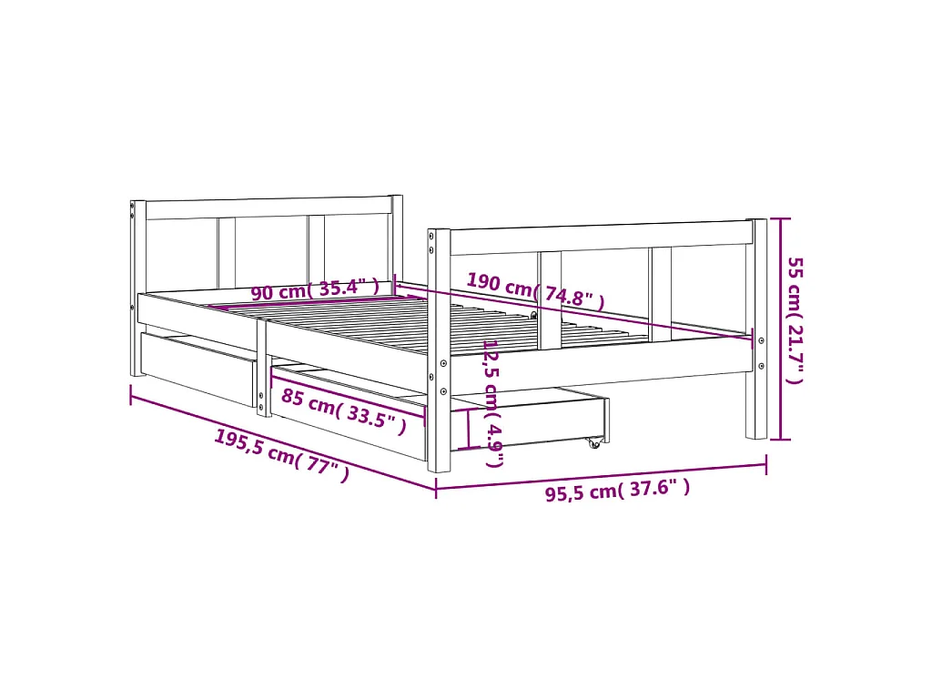 Cadre de lit d'enfants tiroirs blanc 90x190 cm bois pin massif