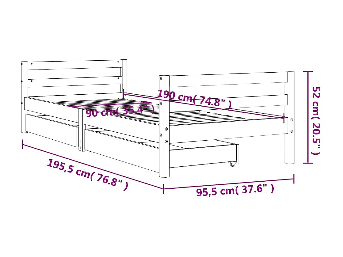 Kinderbedframe met lades 90x190 cm massief grenenhout