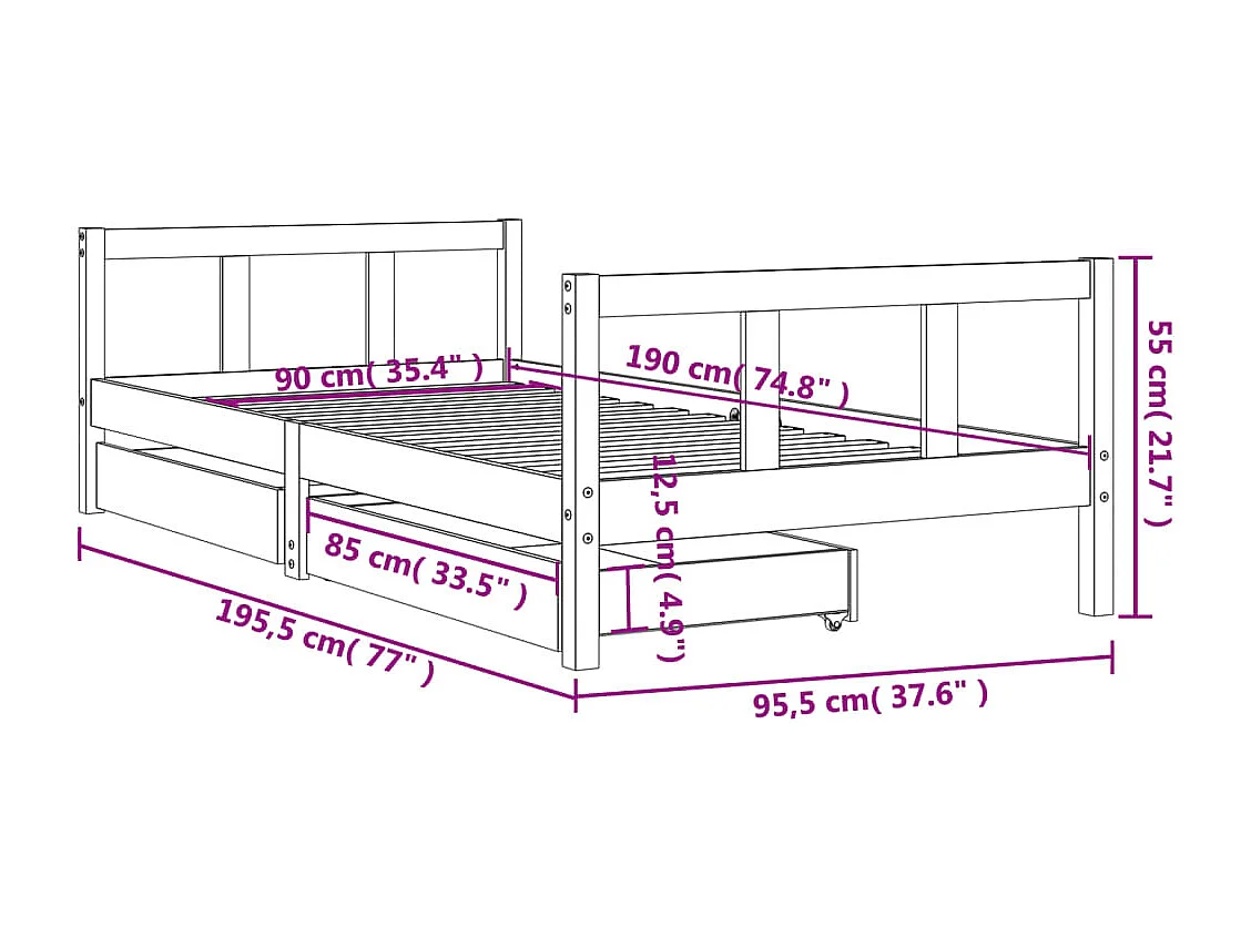 Kinderbedframe met lades 90x190 cm massief grenenhout