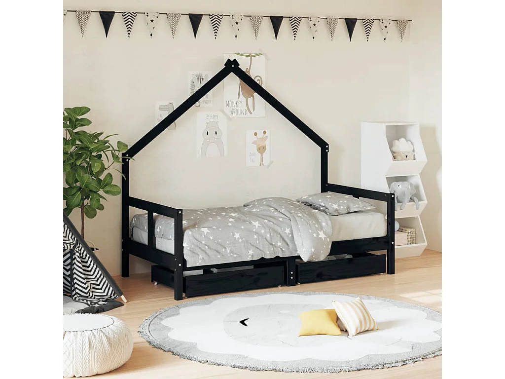 Cadre de lit pour enfant tiroirs noir 80x160 cm bois pin massif