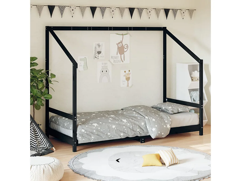 Giroletto per Bambini Nero 90x190 cm in Legno Massello di Pino