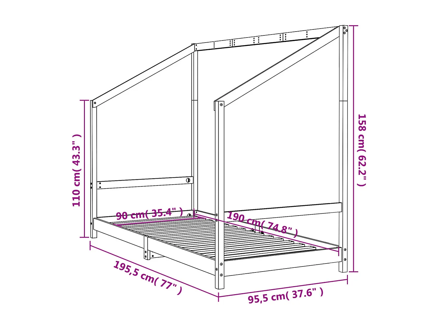 Giroletto per Bambini Nero 90x190 cm in Legno Massello di Pino