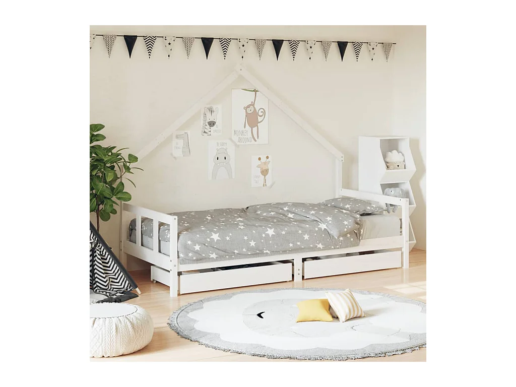 Cadre de lit enfant tiroirs blanc 90x200 cm bois de pin massif